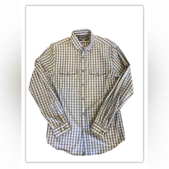 EXPRESS Shirt Mens Small Fitted Button Up Plaid Long Sleeve Fitted Gray White - Picture 1 of 3